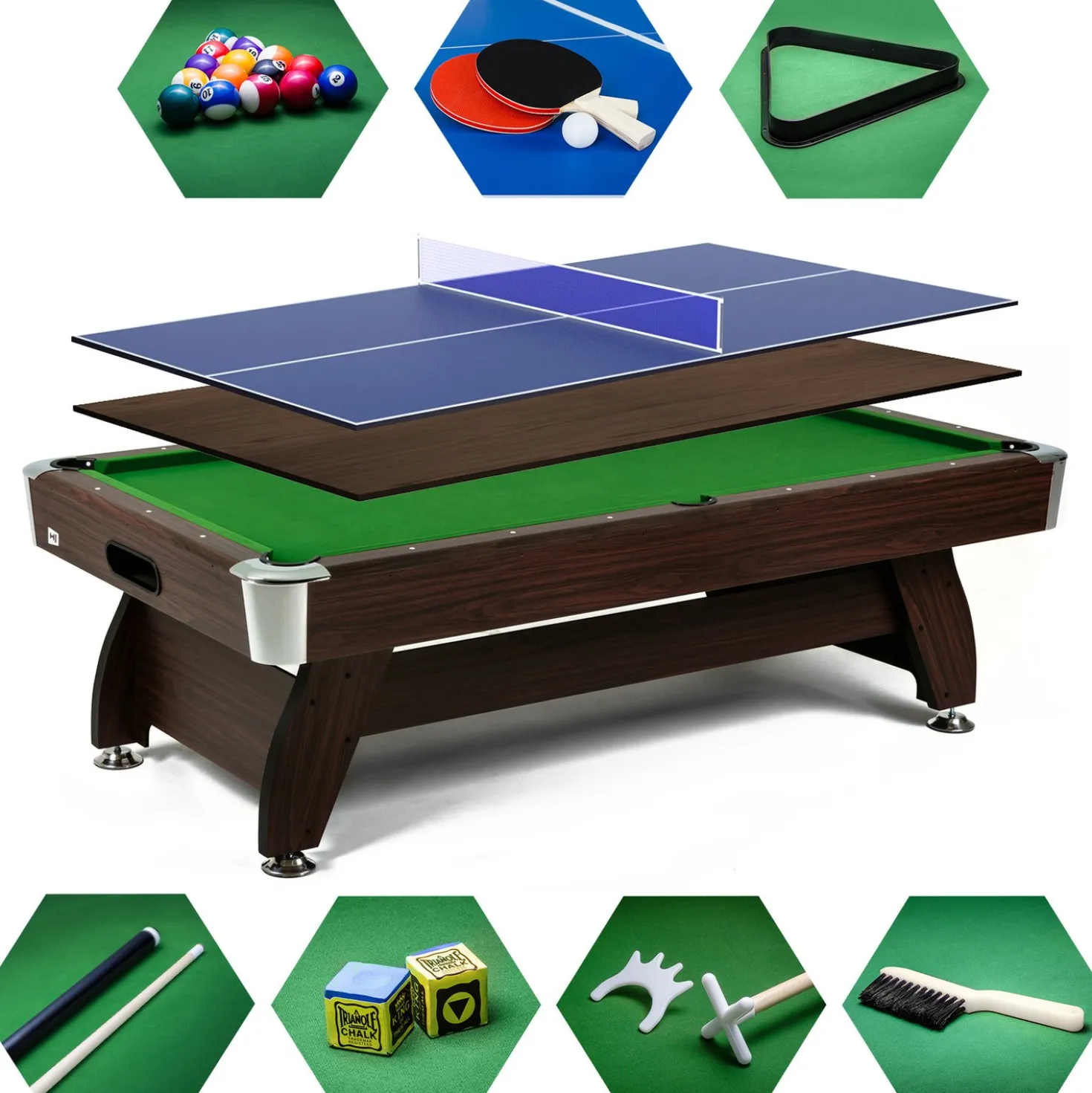 Stół bilardowy spływowy Vip Extra 9 FT brąz zielony z nakładką ping-pong blat