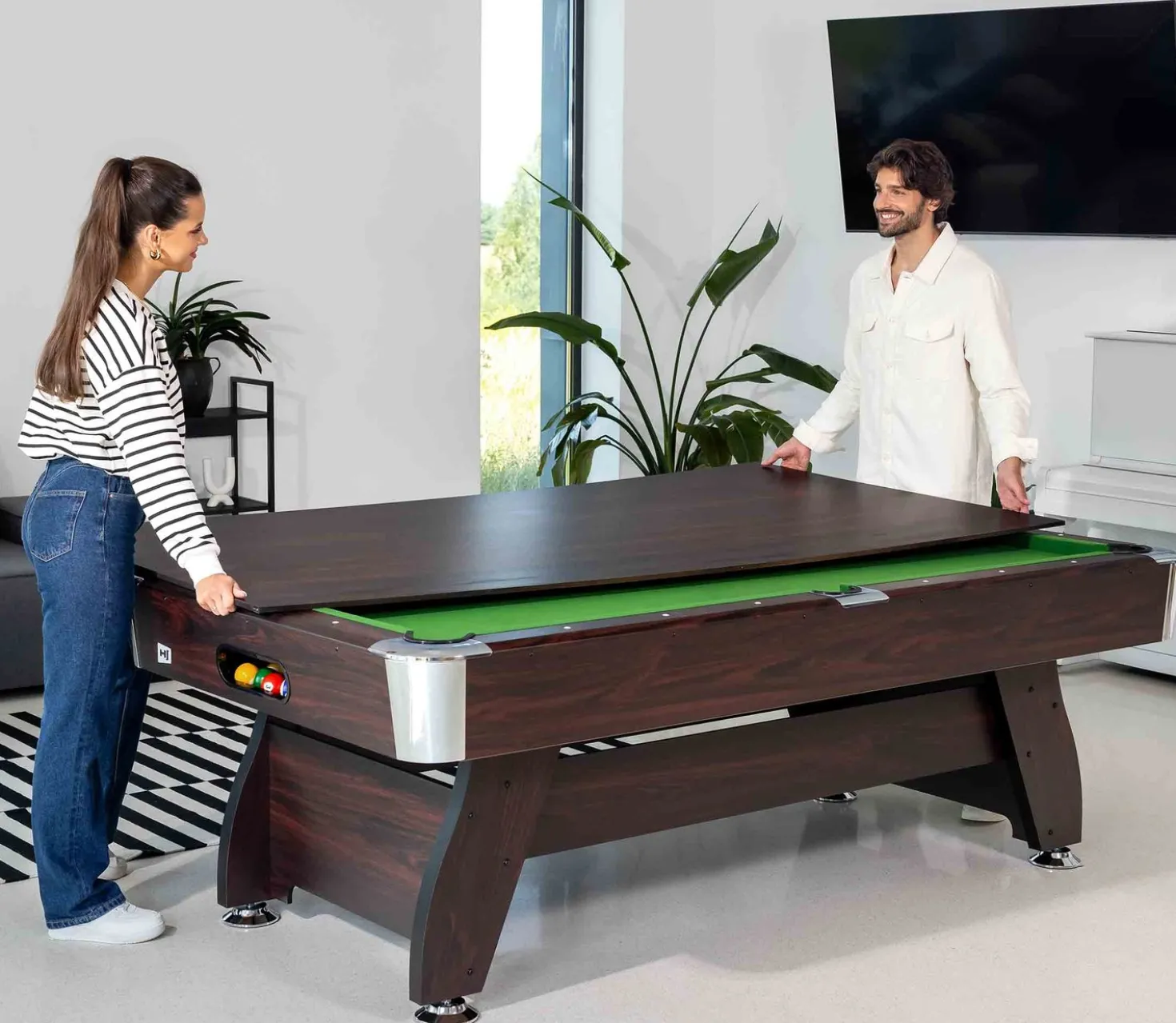 Stół bilardowy spływowy Vip Extra 9 FT brąz zielony z nakładką ping-pong blat
