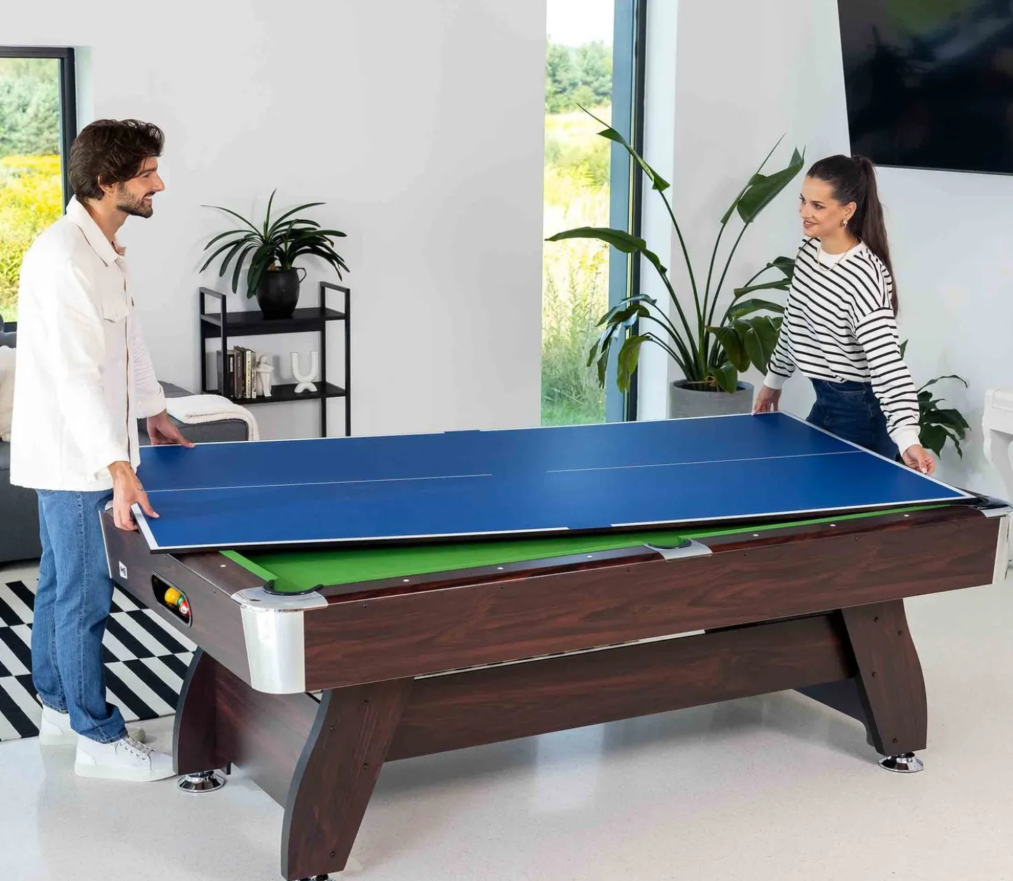 Stół bilardowy spływowy Vip Extra 9 FT brąz zielony z nakładką ping-pong blat