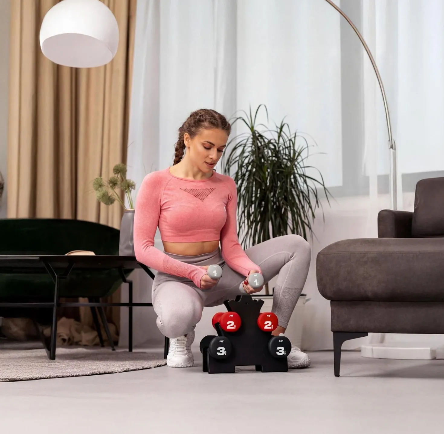Zestaw hantli fitness okrągłych ze stojakiem 12 kg